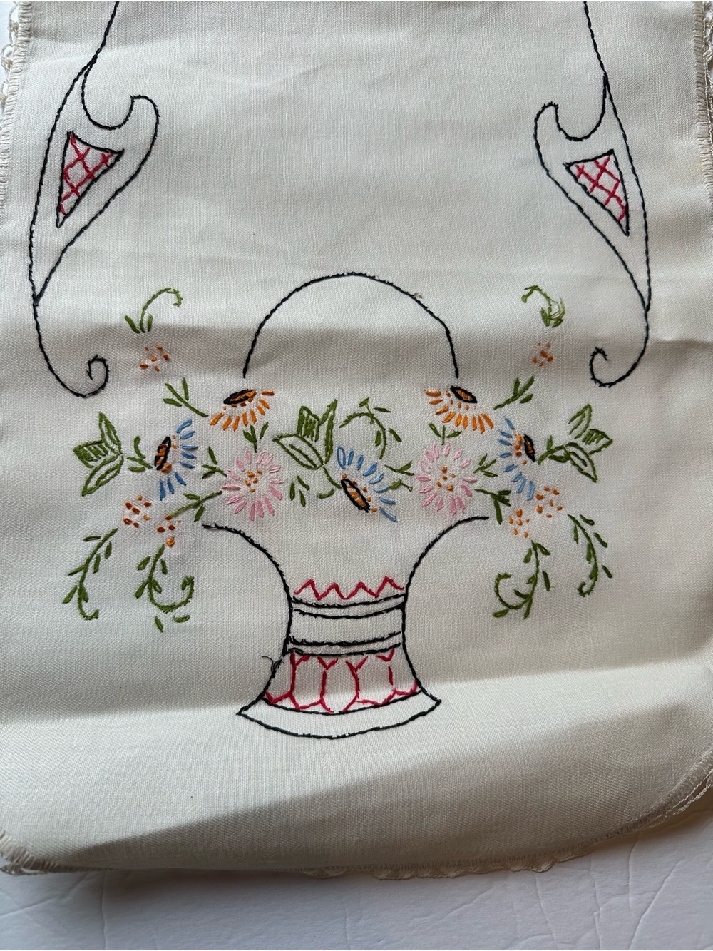 Vintage Handmade Embroidered Table/Dresser Runner Floral Crochet Edges 39.5"x13" - Picture 2 of 8